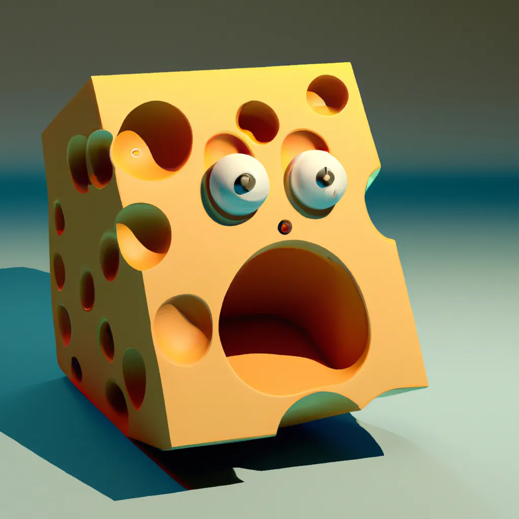 Prompt: 3D render, A scared block of Swiss Cheese, Ray tracing art