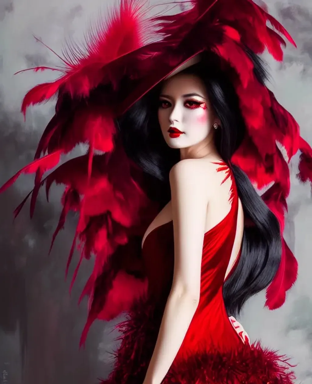 Prompt: Wampire demon queen under large conifer feathers dress dying dark dark red and white painting by WLOP