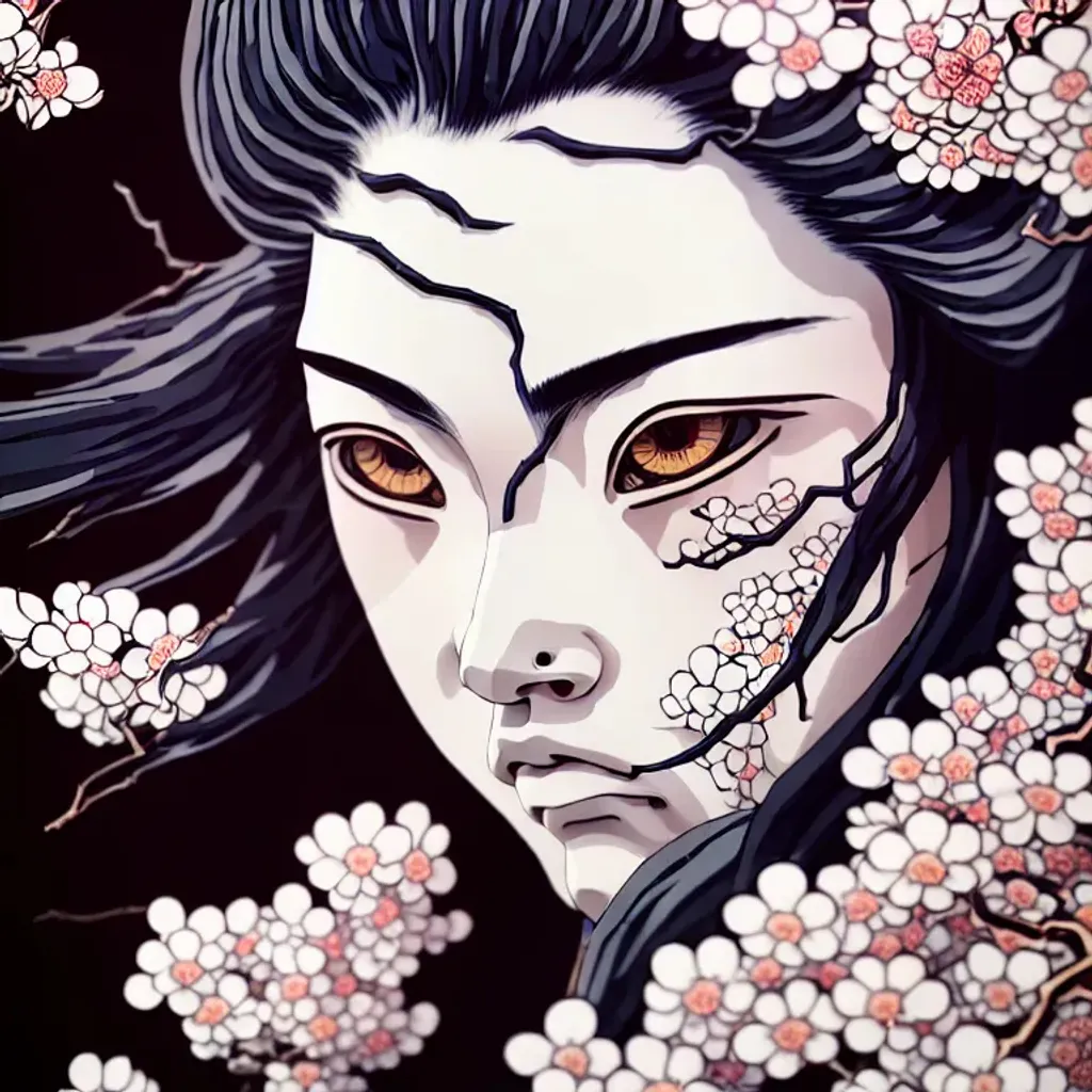 Prompt: YOSCOW, Hokusai, Hokusai Tone, Hokusai Tone + Japanese style + High Dynamic range, dramatic lighting, soft shading, beautiful highly detailed face, symmetrical, artstation, hyper detailed, detail, 8k, character concept, asian red accents, cherry blossoms, Kintsugi gold mask 