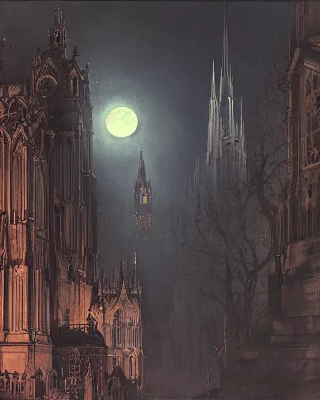 Prompt: moonlit vista, dieselpunk gothic cathedral,  Glowing full moon, painted by ruan jia, petrol oil, lawrence alma tadema, zdzislaw beksinski, norman rockwell, jack kirby, tom lovell, alex malveda, greg staples, hand of fear, bbc, tv