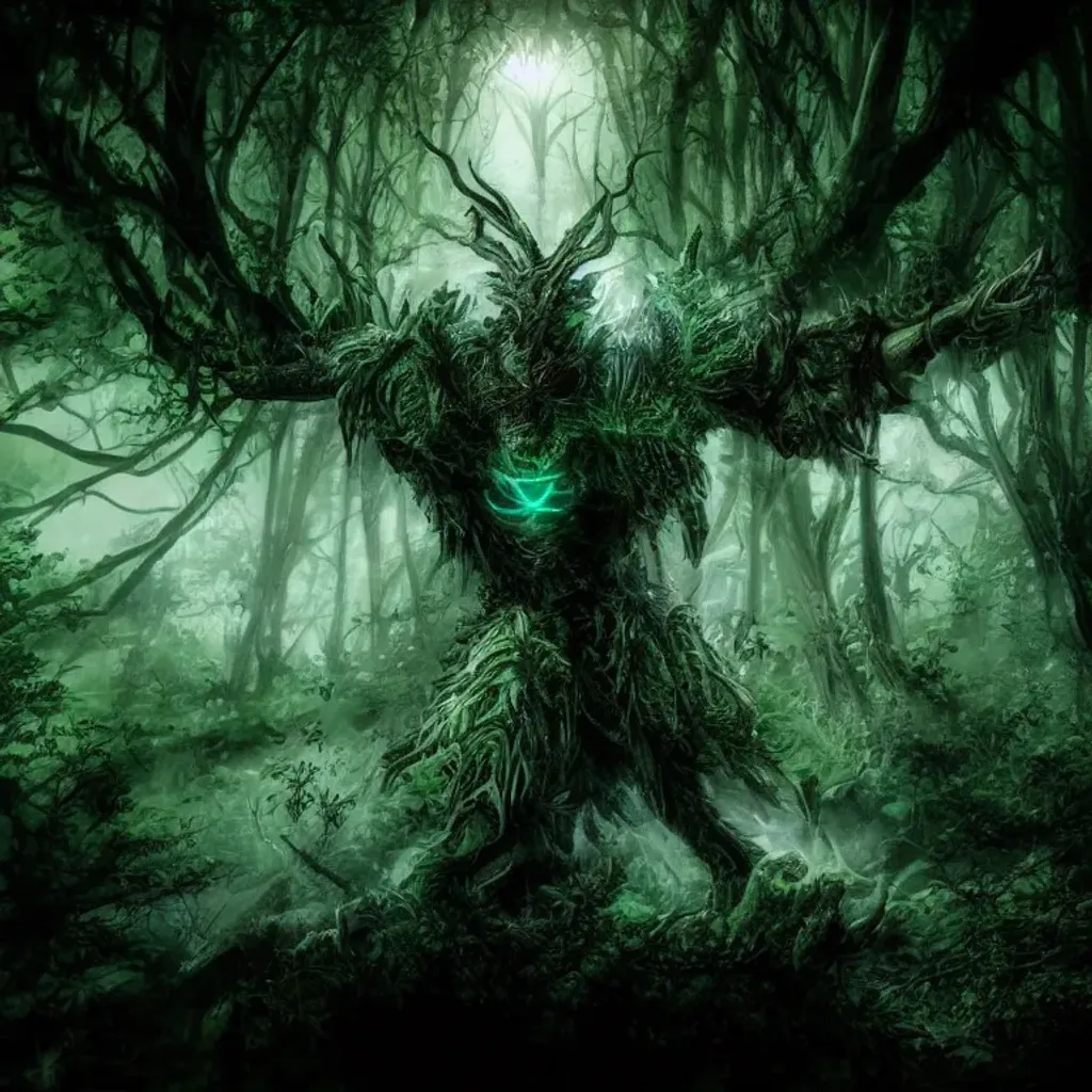 Prompt: a cool stunning forest spirit, silver sharp streamlined armor, detailed head, sharp claws, glowing green LED eyes