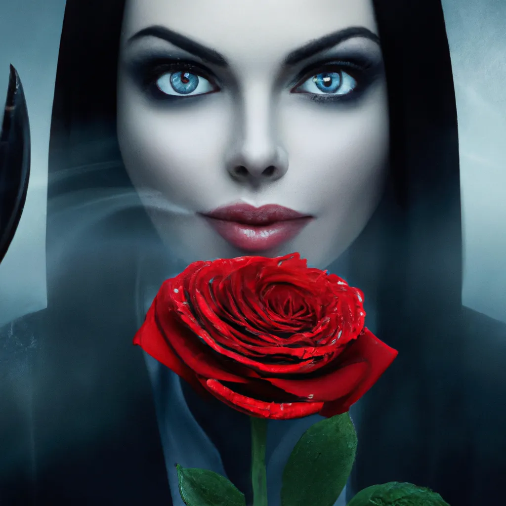 Prompt: Advertisement photoshoot. Beautiful Christina Ricci from the famous Addams family is posing with a beautiful red rose flower with stalk. Subject is smelling the flower.  Subject eyes are open. Looking at the camera. Condensation formed on the flower. Photorealistic hyperrealistic close up high speed render. Face must be visible. Beautiful smooth contrast, soft color palette, smooth curves, dark background, beautiful highly detailed droplets, reflections and refractions, dark studio backdrop, Beautiful studio lighting, Nikon Z7, ISO 400, Sigma 85mm f4.5 DG DN, aperture f/11, exposure 1/2000, studio lights, centered face.
