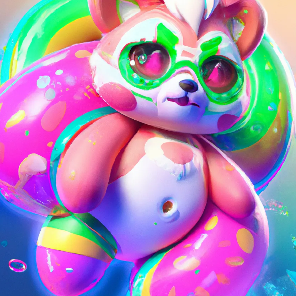 Prompt: A tall anthropomorphic pink and mint furred adult male cute lesser panda inflatable pooltoy, expressive wink, pastel colors, pixiv, cyberpunk, kemono, kidpunk, in the style of @creamyroux, award winning, inspired by yuumei, Lisa frank epic painting, pacifier, dynamic lighting, artstation 