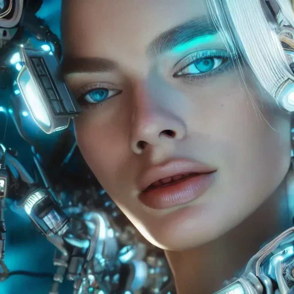 Prompt: margot robbie as a female android  with perfect face and perfect bright eyes, pale skin and freckles, large eyes, intricately detailed mechanical parts, complicated circuits and wires, beautiful gazing symmetric blues eyes, cyberpunk futuristic neon, unreal engine, path tracing, 8k, artstation