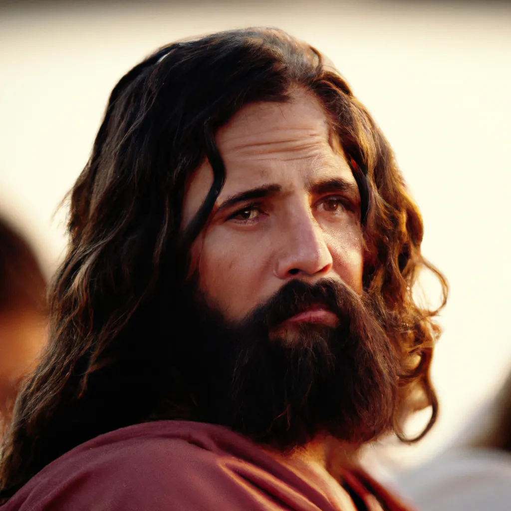 Prompt: Close-up portrait of an exhausted Jesus Christ after healing cheering thousands on the shore.  He is sitting on a boat with his disciples on the sea of Galilee, golden hour, Sigma 100mm f/1.4, award-winning photography, very high detail sharp, zeiss lens, photojournalism from the New York Times