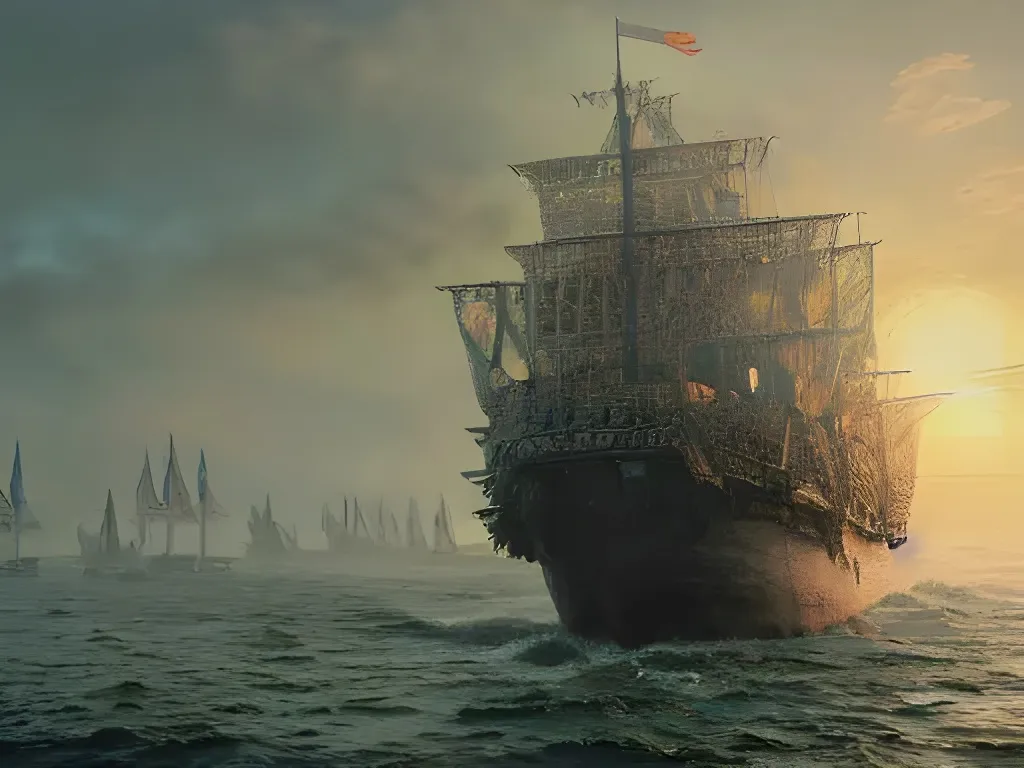 Prompt: Intricate Majestic "ancient castle on ship", ship sails at sunrise in "middle of ethereal seas", artgem, hyperrealism, hd, artstation, octane render, detailed ilustration, castle on ship, perfect composition, hd, ultra detailed, highly intricate, moss covered ship, greg rutkowski, alphonse muca