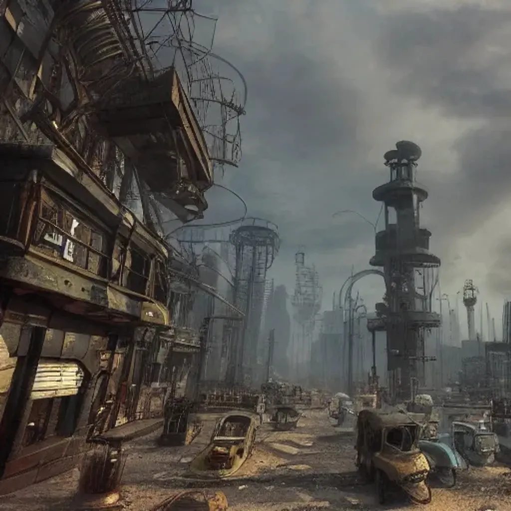 Prompt: a polluted steampunk city wasteland, cinematic 