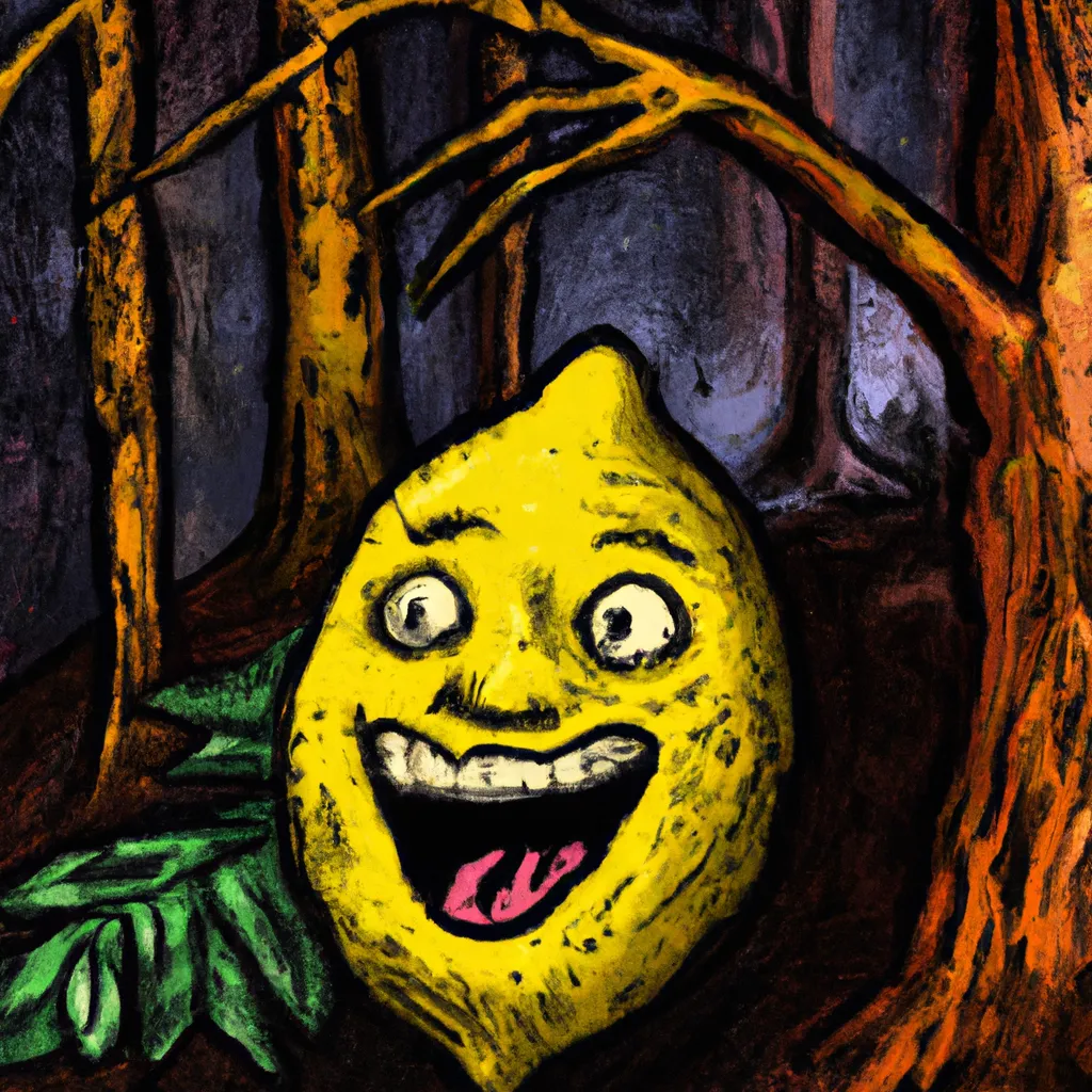 Prompt: A happy yellow lemon in a haunted ghostly forest, hyperdetailed and colorful, hauntingly macabre and joyful