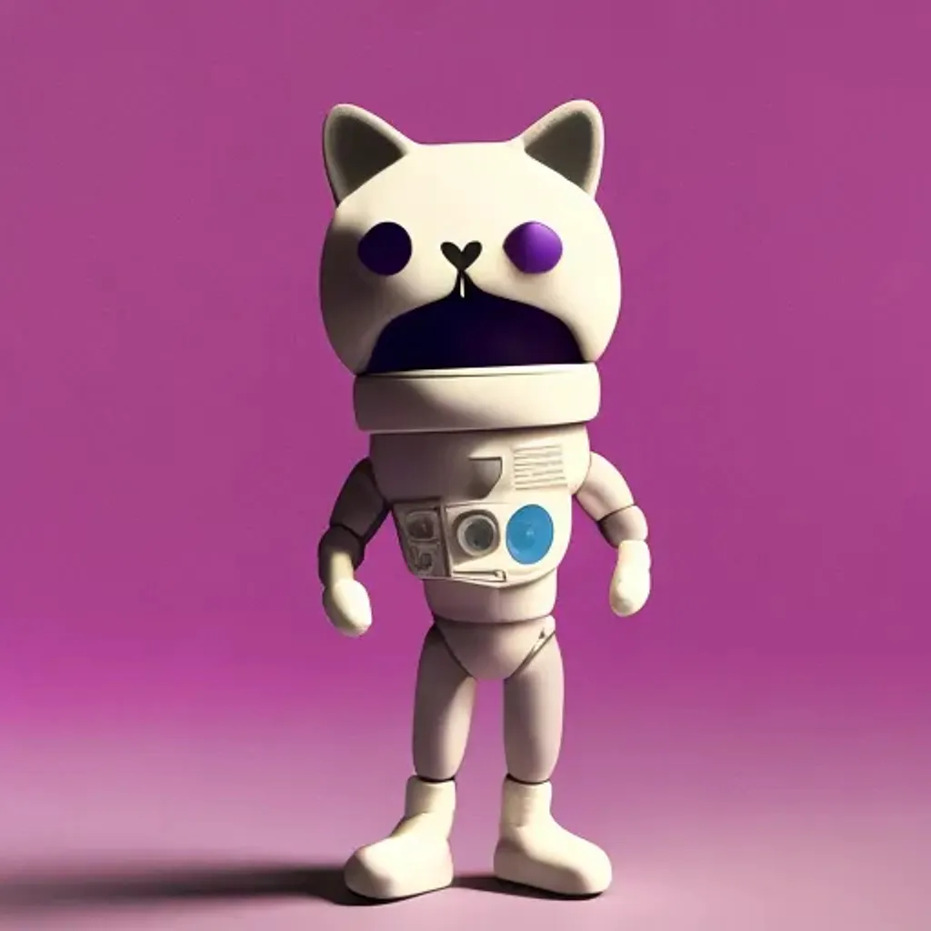 Prompt: Tiny British longhair cat astronaut toy, standing character, Tim Burton, in astronaut suit and helmet, smooth soft colors, modular constructivism, purple background solid color, physically based 3D rendering, blender, square image