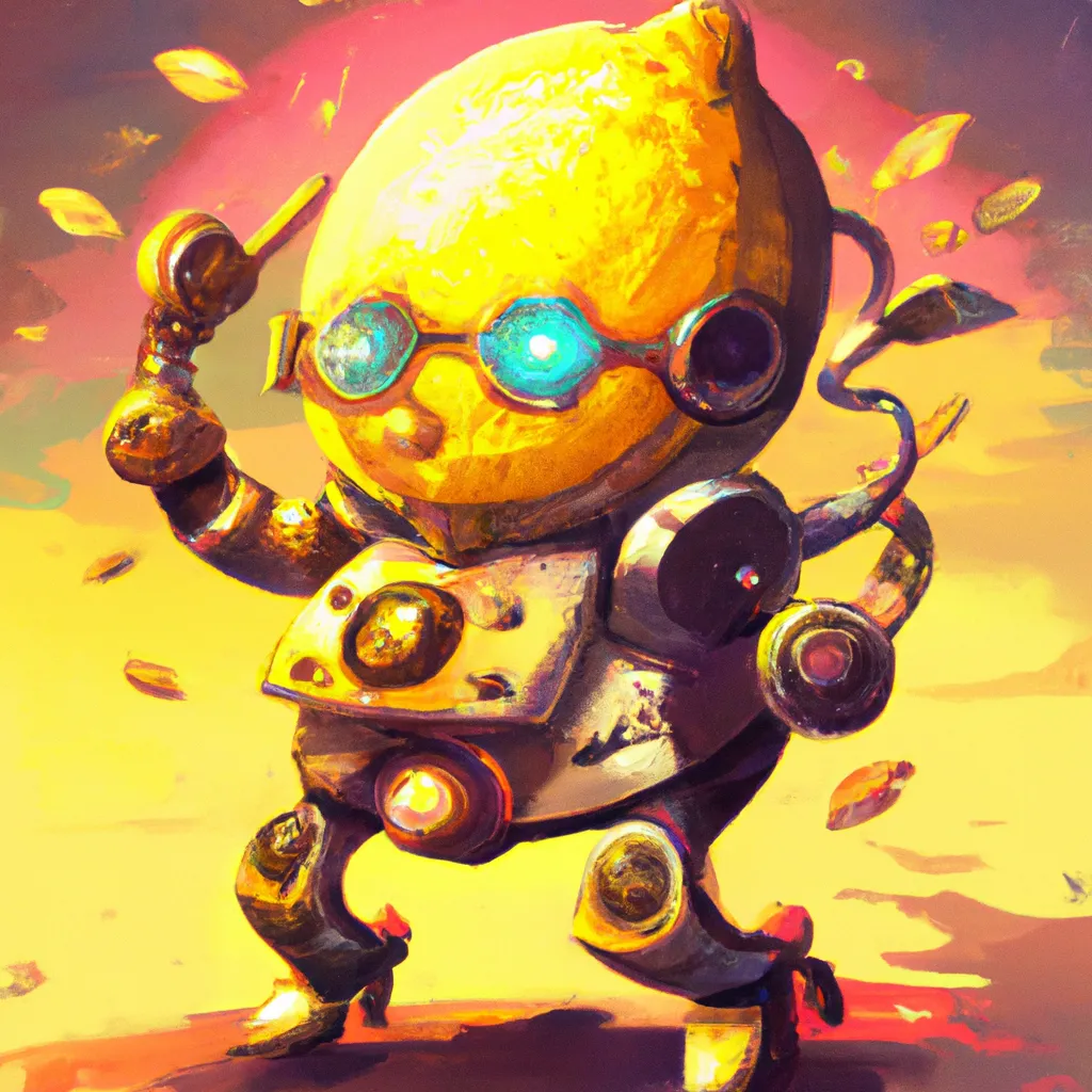 Prompt: the cute lemon character big robots steampunk style, artstation, golden hours, HQ, 4K, center, reference pose, Lisa Frank