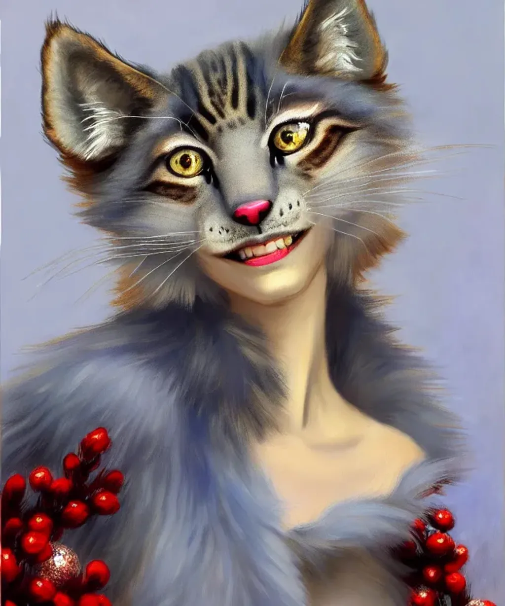 Prompt: Felinoid lady fursona, attractive, elegant, confident, optimistic, smiling, indigo pine red fulvous silver photorealistic beautiful big eyes, heavenly look, highly detailed modern Christmas style clothing, fine soft fur, ((centered composition)) by Singer Sargent, McNeall Whistler, Winter, snowflakes, poinsettia, furaffinity, ultra realistic, portrait painting, global illumination, occlusion, volumetric lighting, volumetric mist, sharp focus, narrow DoF, 128K UHD Poser, octane  