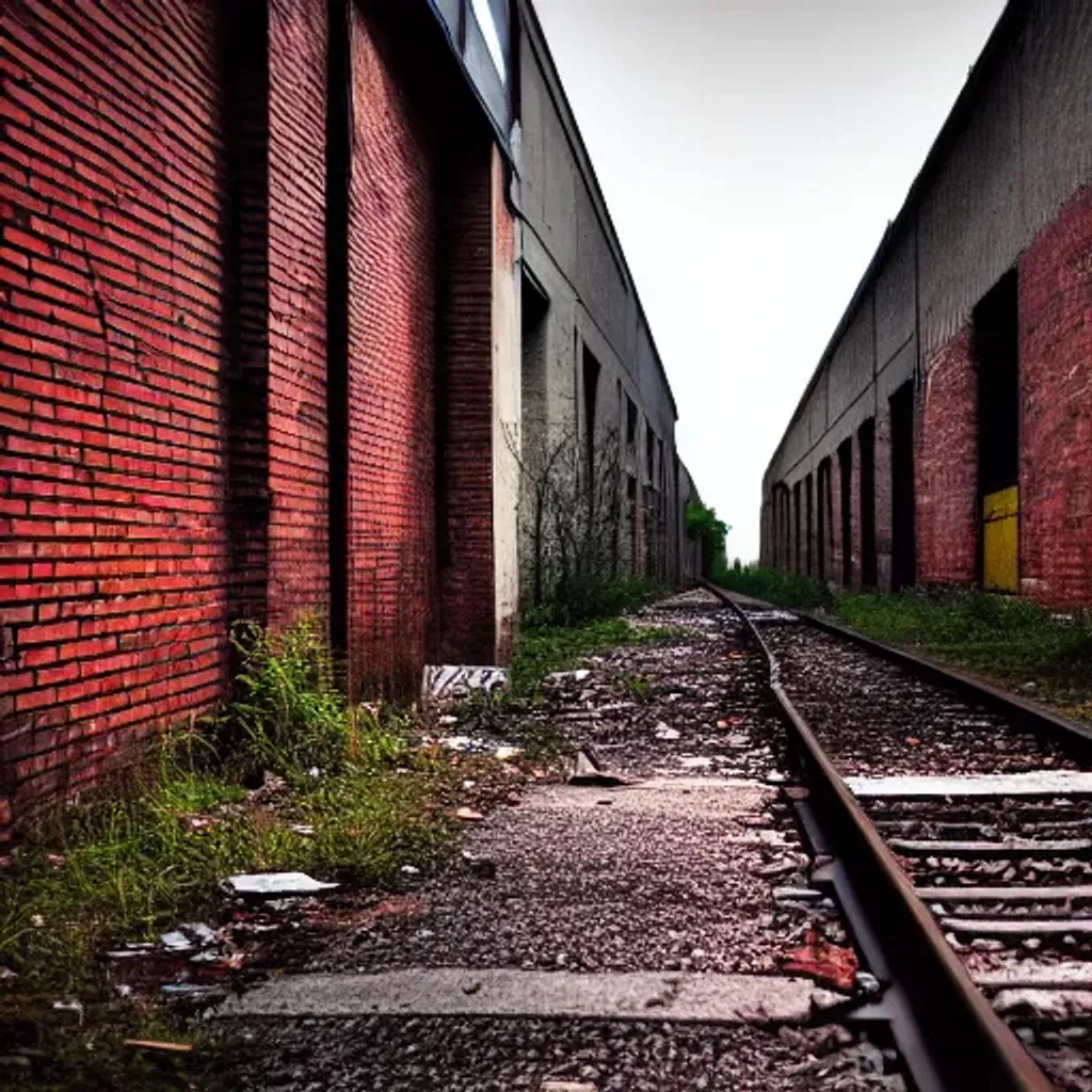 Prompt: abandoned railway in city alley, concrete ground with garbage, brick buildings, low light