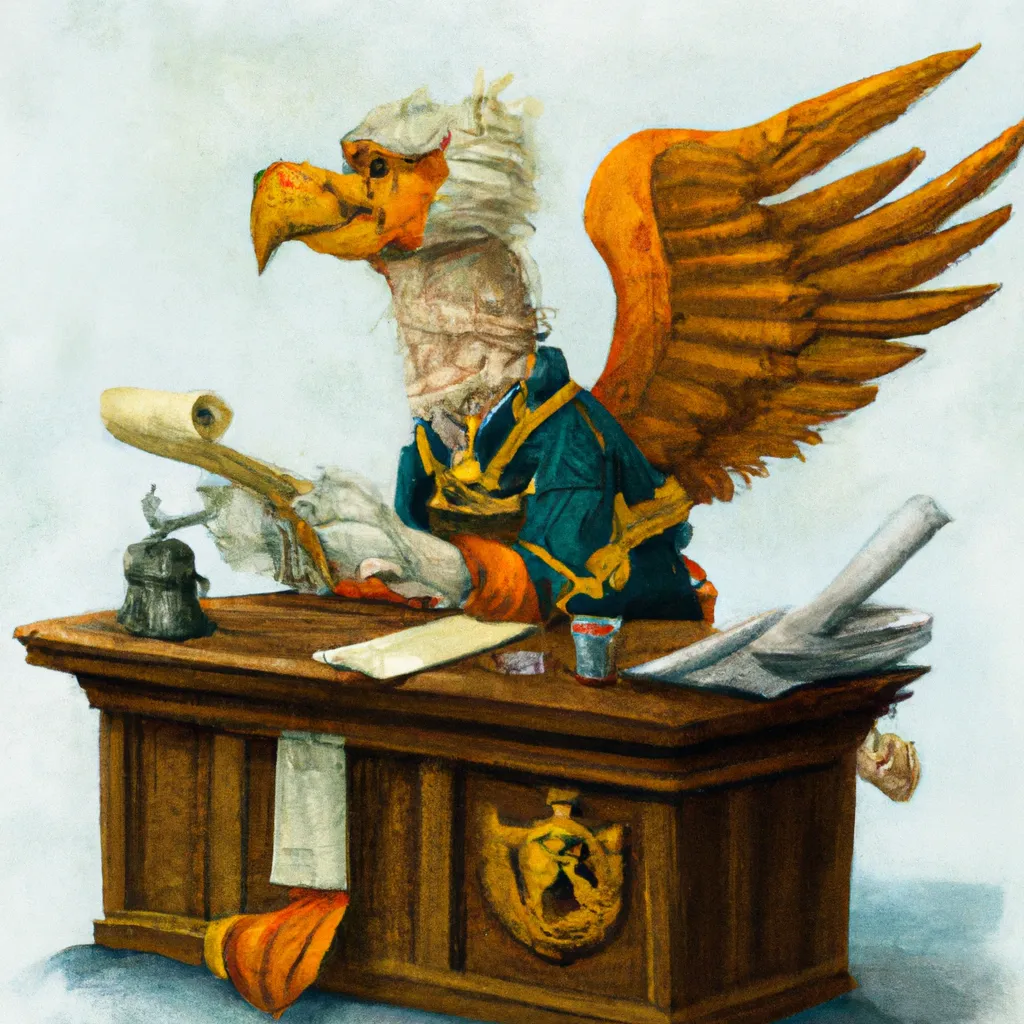 Prompt: anthropomorphic griffin with wings sitting at a captain's desk reading a letter