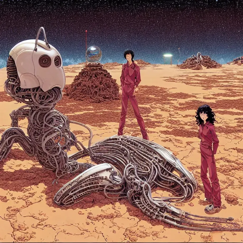 Prompt: Woman with dark curly hair and Man with long dark brown hair with jumpsuits standing in alien dessert next to destroyed robot, by Makoto Kobayashi, by Moebius, by Jean Giraud, manga, anime style, 80's, Intricate, Hand drawn, concept art, grainy color, dim lighting, Anime Key Visual, beautiful composition