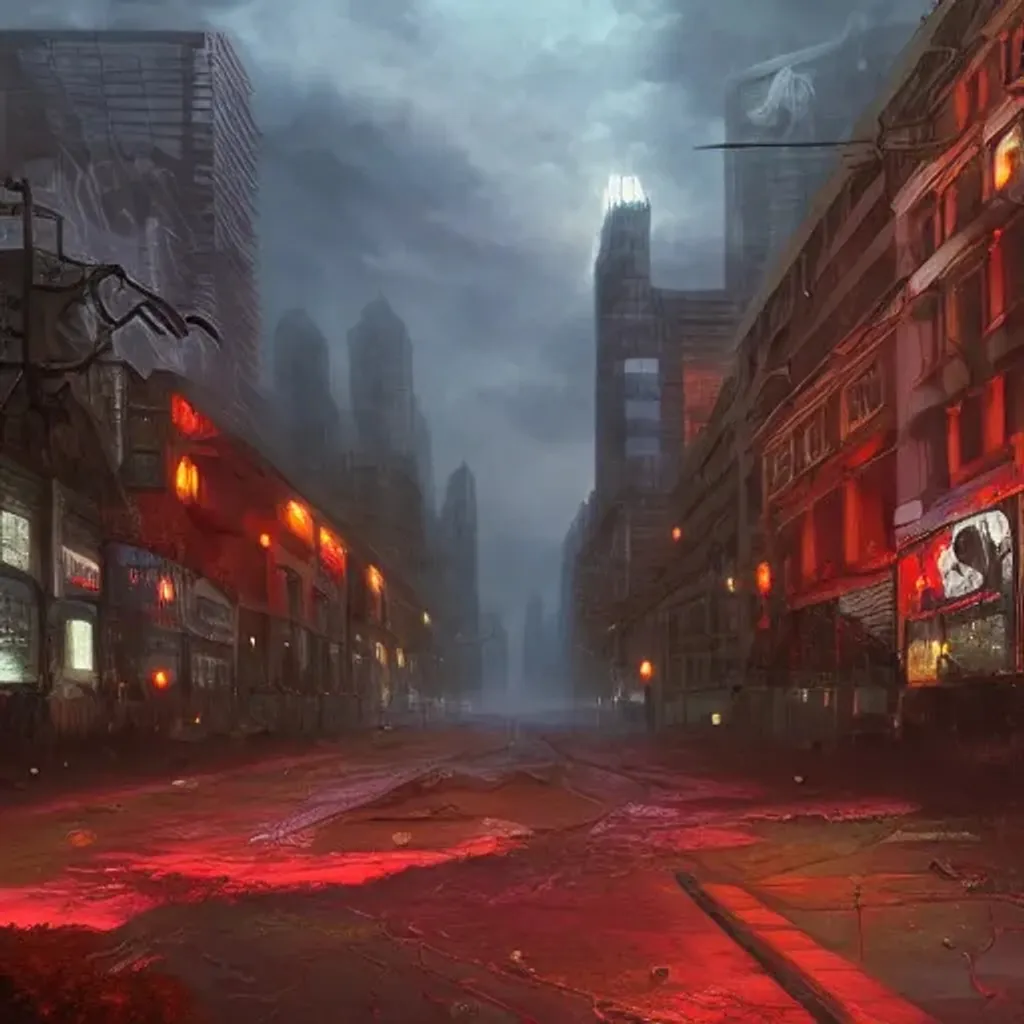 Post-apocalyptic city intersection, sad Diablo demon... | OpenArt