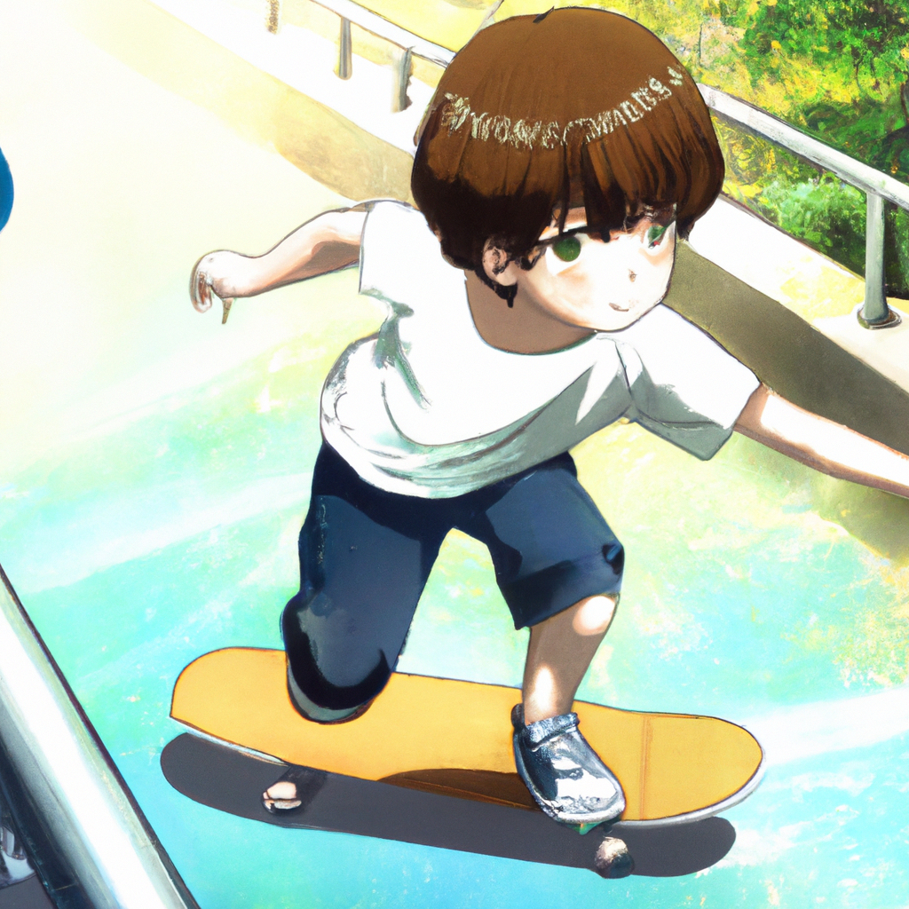 anime key visual of a little boy riding a skateboard