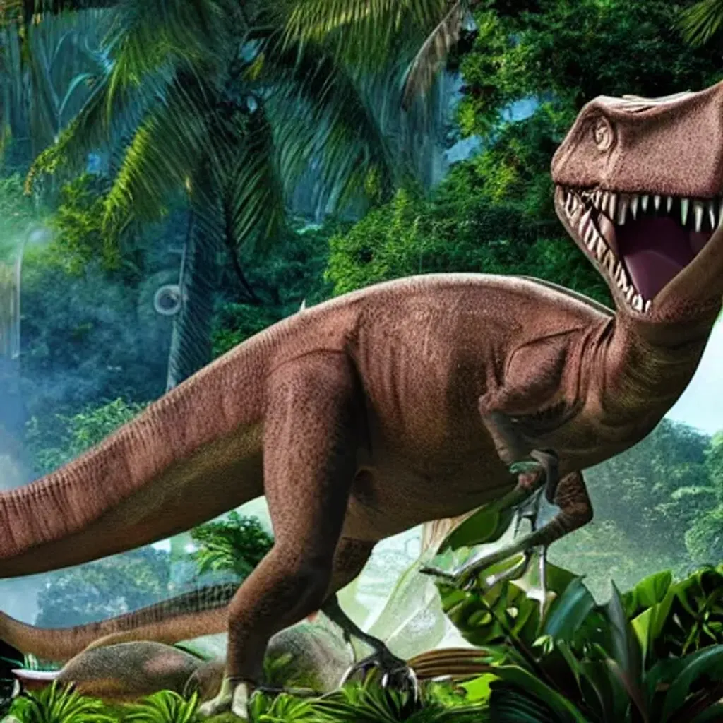 Prompt: tropical island real dinosaurus jurassic world old human