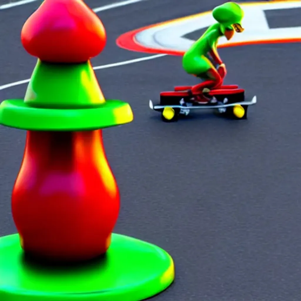 Prompt: Two race cars of anthropomorphic hot chilis peppers, one desaturated red and one desaturated green, skateboarding| Giant Cosmic mushroom  | cute girl | in the style of Rutkowski  | perfect exposure | soft muted colors desaturated | 3d render | octane lighting | dream fantasy | centered | octane render artstation trending 8k ultra-detailed  | sharp focus golden ratio | Disney Pixar Dreamworks 