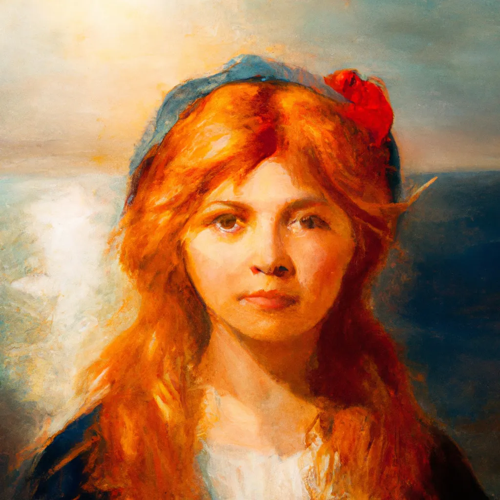 Prompt: cosy, professional Painting, cute red haired, Young, amish woman,  Messy Hair, detailed face, detailed lips, detailed nose, looking at the viewer, in the sea,  sun rays, s, by Pierre-Auguste Renoirb, nostalgic lighting, centered