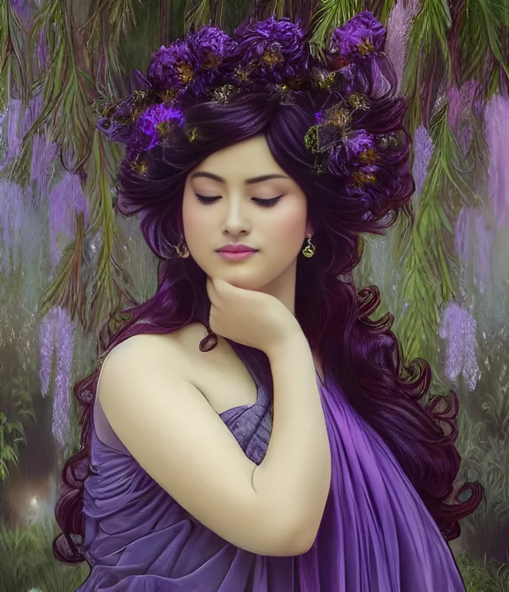 Prompt: An ethereal highly detailed painting of a beautiful fairy wearing purple flowing gown, full figured Rubenesque, perfect complexion, gorgeous face,
curly black hair, award-winning,  Cinematic fantasy atmosphere, weeping willow, full moon, cgi, artgerm, Alphonse Mucha