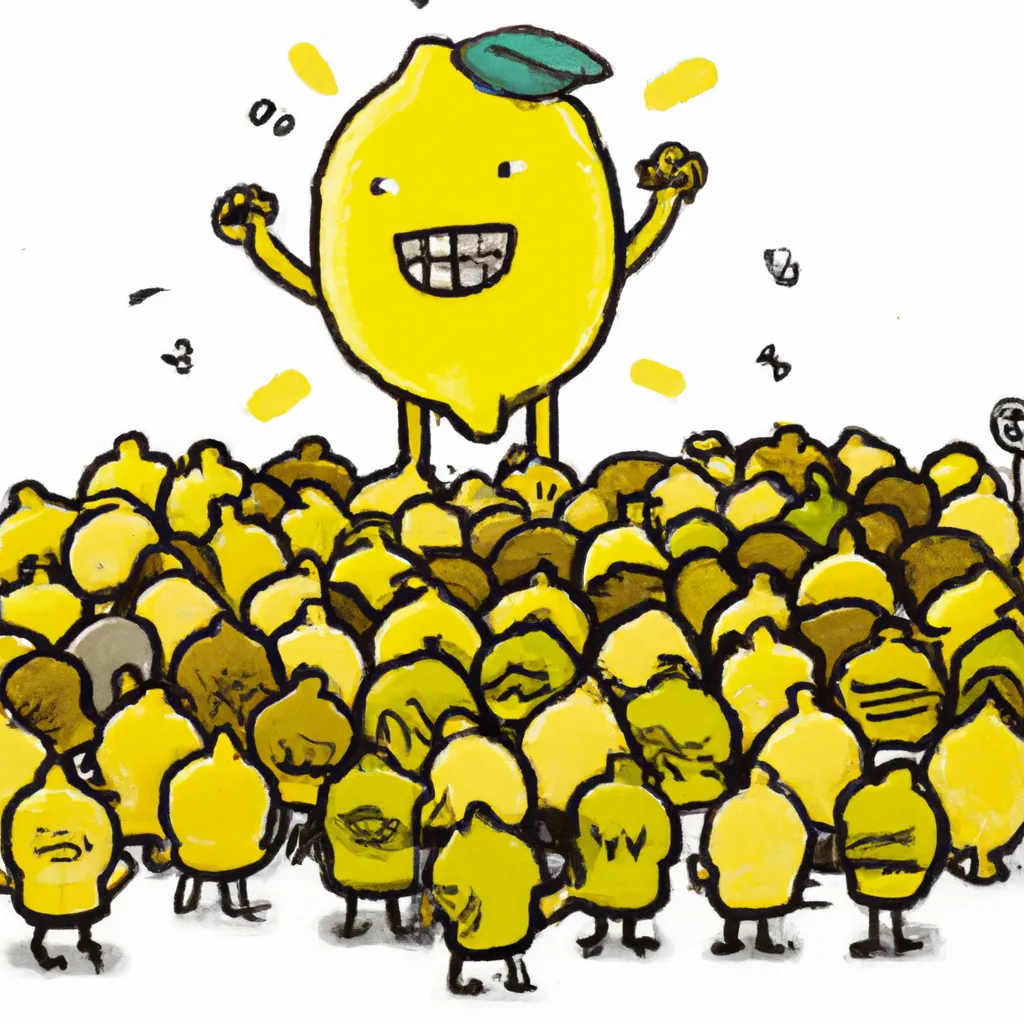 Prompt: Happy Giant Lemon surround by huge crowd of cheering lemon admirers
