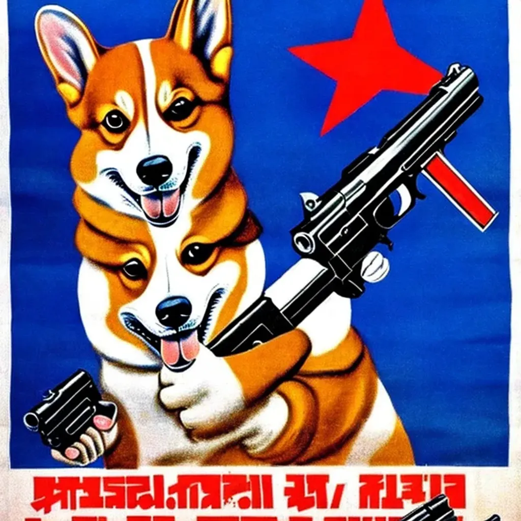 Prompt: Soviet propaganda poster featuring a corgi holding an illegal handgun
