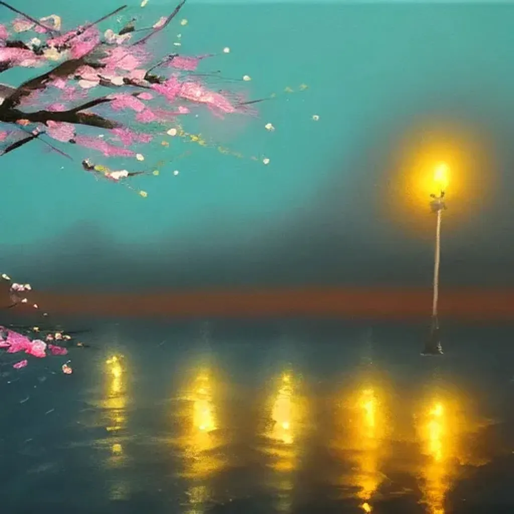 Prompt: cherry blossom painting with fog at night