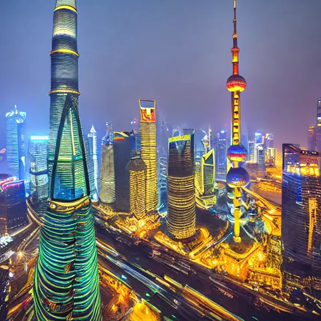 Prompt: Shanghai city, cyberpunk, wide angle lens,moon,landmark

