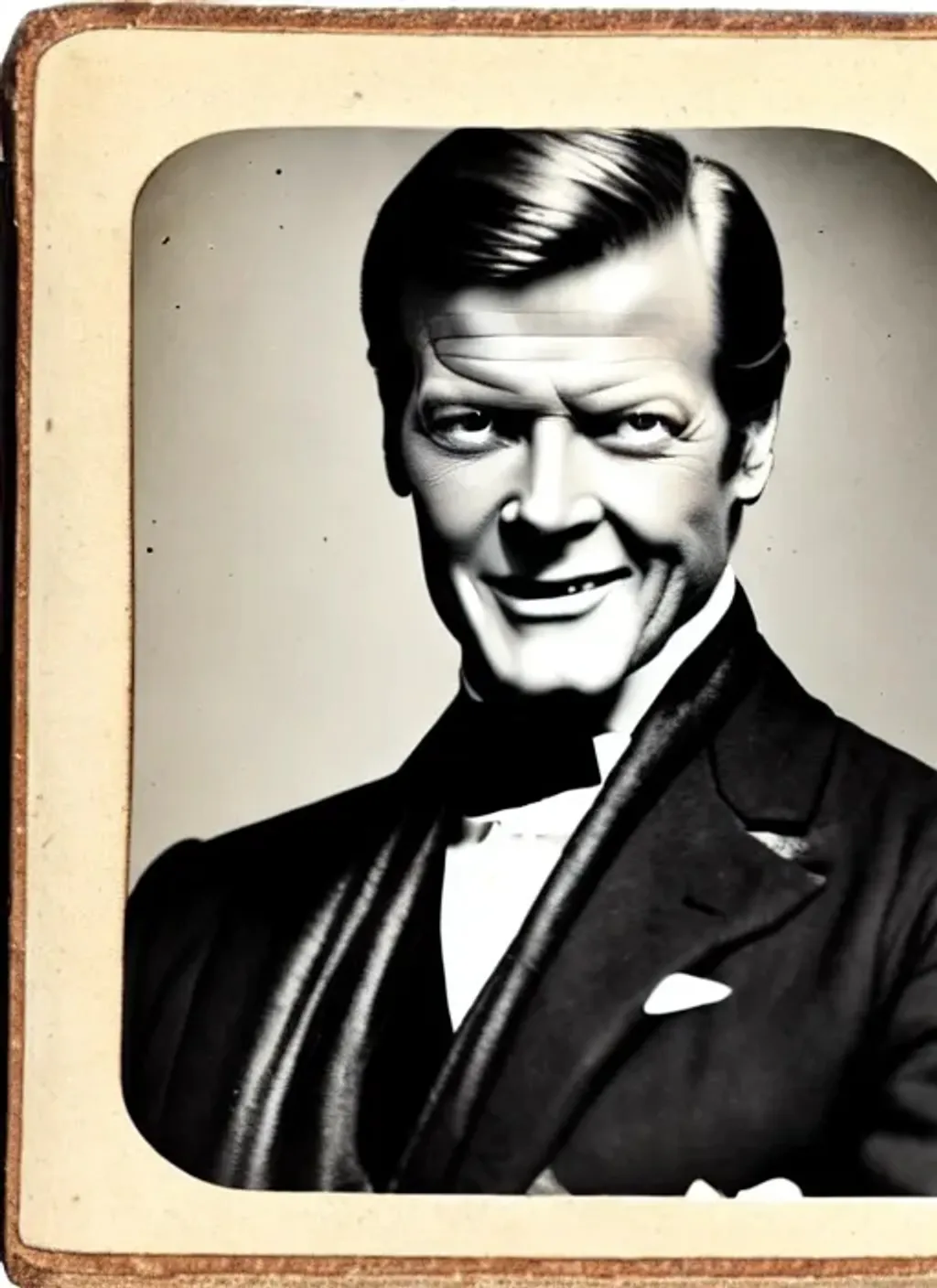 Prompt: Old worn photograph of a Victorian era Roger Moore