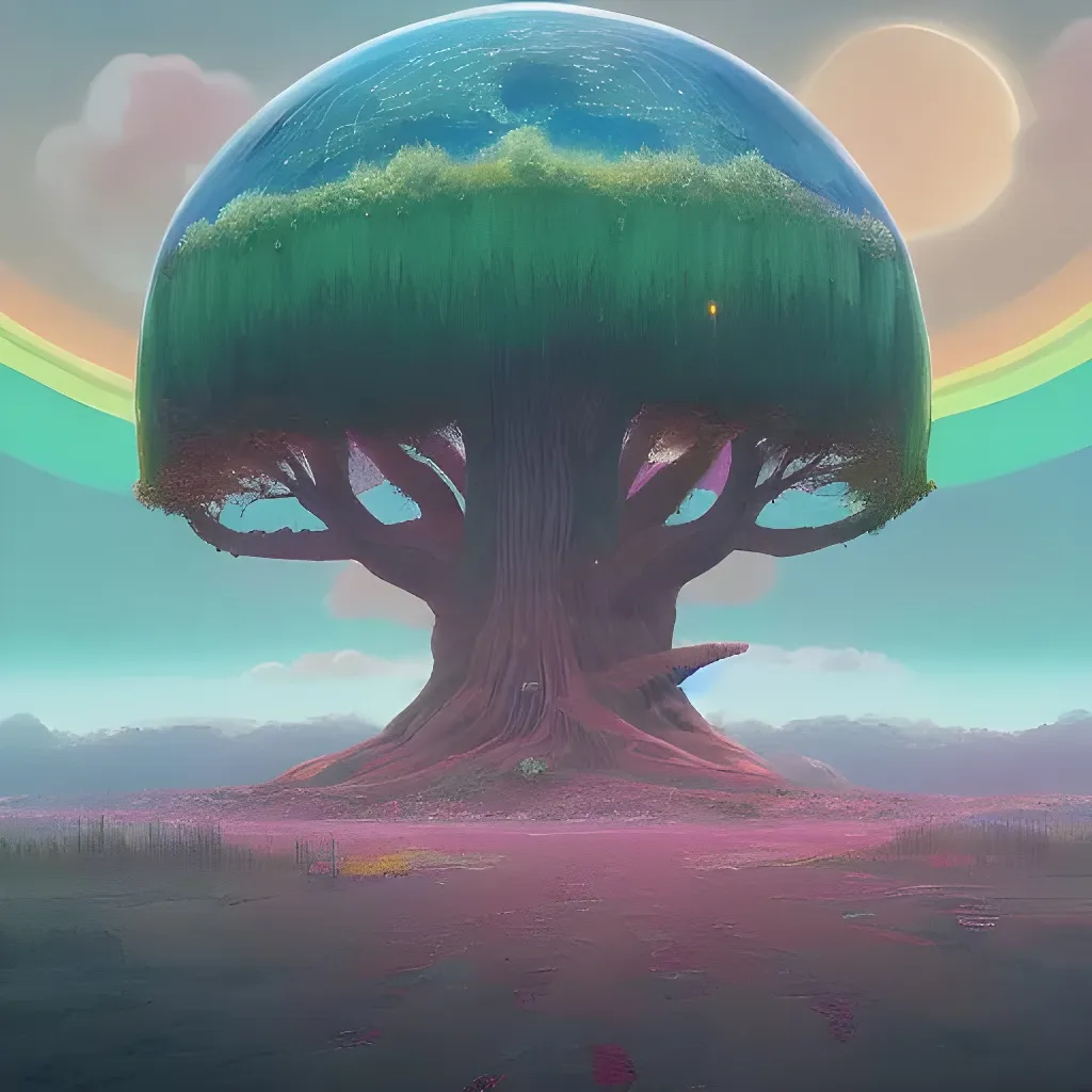 Prompt: the world tree, the treetop looking like a soap bubble, yggdrasil, rainbow bridge to asgard, peaceful, sunrise, serene, enlightenment, by Simon Stålenhag, by roger dean, trending on artstation, professional, highly detailed, vivid colors, unreal engine, comic book cover