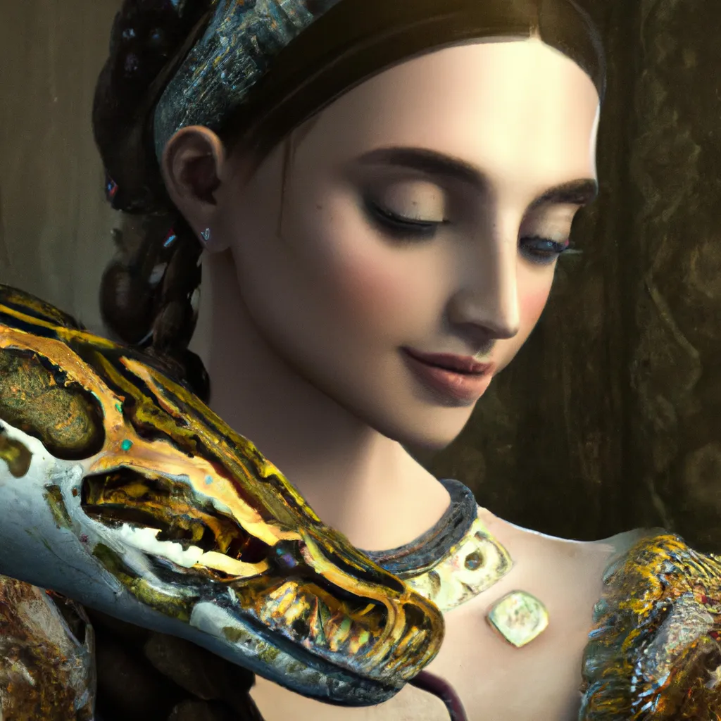 Prompt: a Woman with a Burmese Python wrapped around her,Romantic vibe, highest quality,digital art, trending on art station,4K,highly detailed,3D render unreal engine,highest quality,high resolution, intricate details, elegant,clarity,by Vincent Van Gogh,by Leonardo da Vinci,by Johannes Vermeer,200mm cannon lens