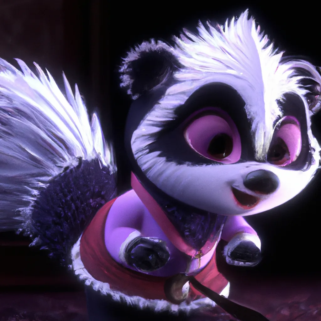 Prompt: Pixar style, tiny cute and adorable skunk  dressed in fantasy clothes, female, small, anthropomorphic , dramatic lighting, 8k, portrait, cartoon, fine details, 3d render, cinematic ,intricate details, cinematic lighting, cute, mascot, main character, adventure, dungeons and dragons, 8k, fluffy!, tsaoshin, pixar movie key visual, fantasy, DnD, adorable!, big eyes, animated, disney