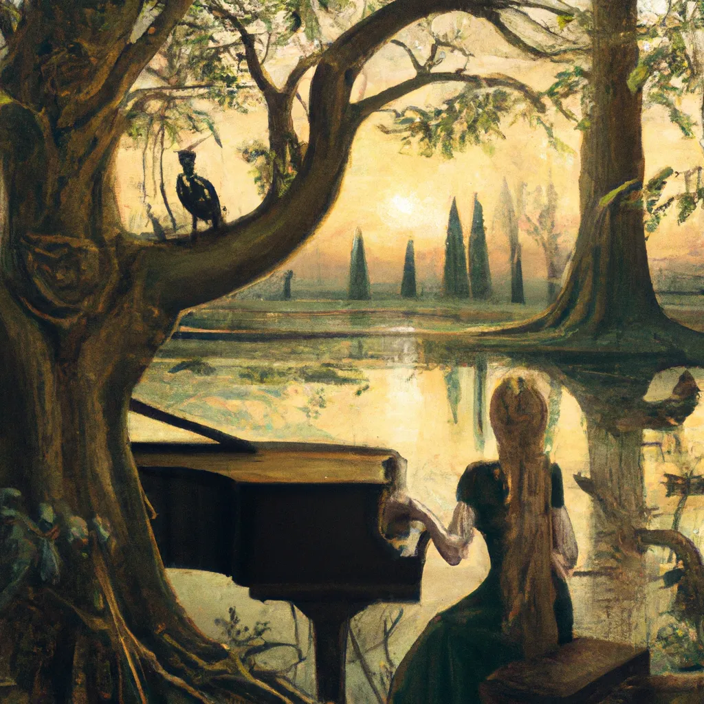 Prompt: a woman playing piano by the pond, mysterious exotic trees, haunting sunset, detailed painting by Leonardo Da Vinci