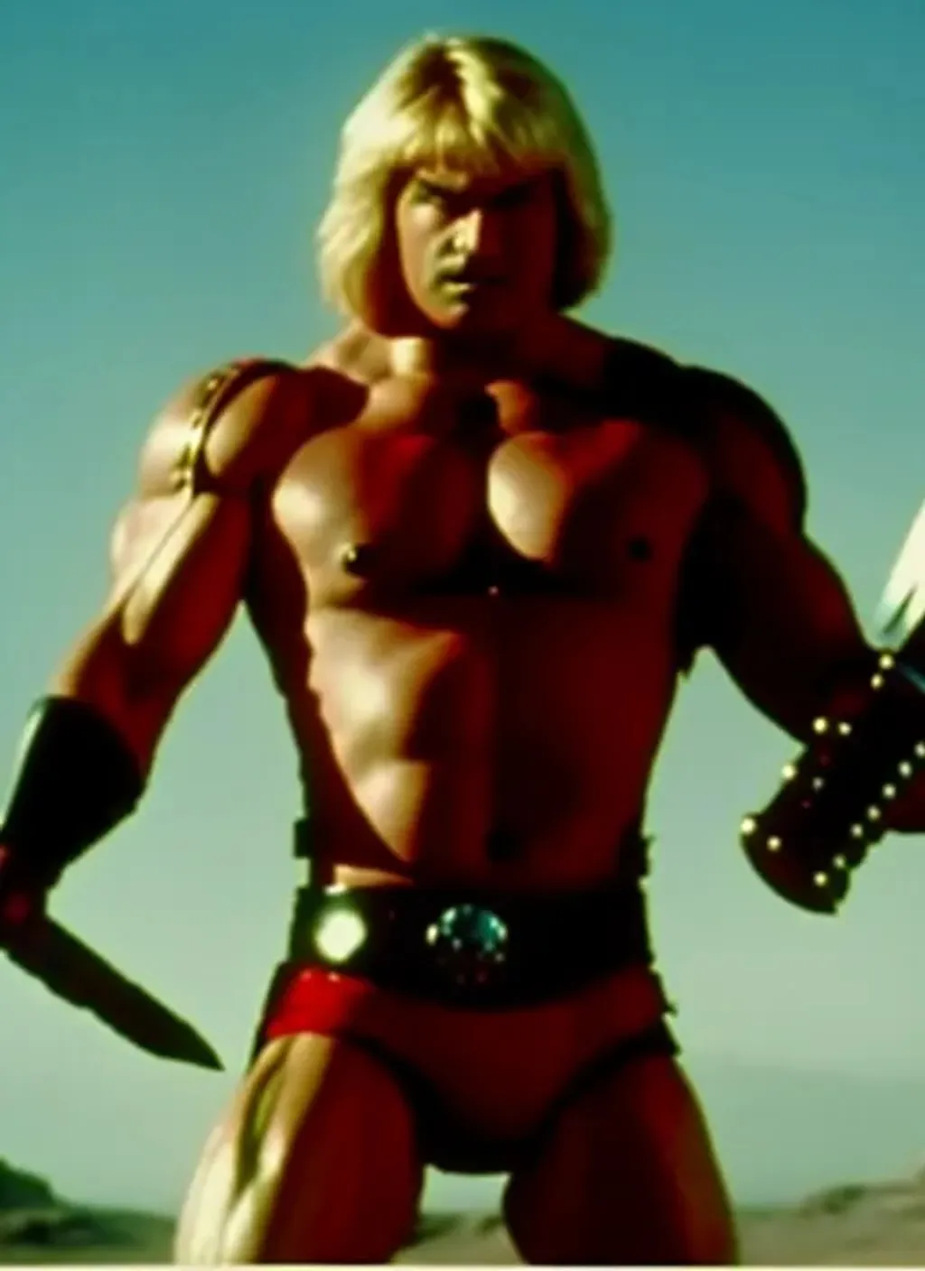 Prompt: a live-action movie screenshot of He-man, taken 1986, photorealistic 
