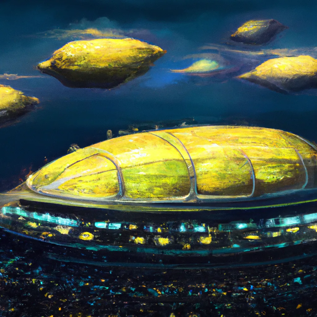 Prompt: a huge lemon shaped stadium, filled with lemons to the top of a cloud, bright starry night, sci - fi, stunning, intricate, elegant. highly detailed, digital painting. artstation. smooth. sharp focus. illustration. art by syd mead and darek zabrocki and john berkey and syd mead