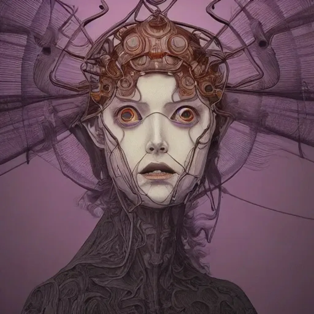 Prompt: Bacteriophage, art by Junji Ito and Artgerm and Michael Whelan and Brian Froud, intricate, face, symmetrical eyes,aea, slim face, elegant,morandi color scheme,highly detailed,half skull face,cinematic,8k,by Alphonse Mucha and by beeple,instruments,elegant,dark,masterpiece