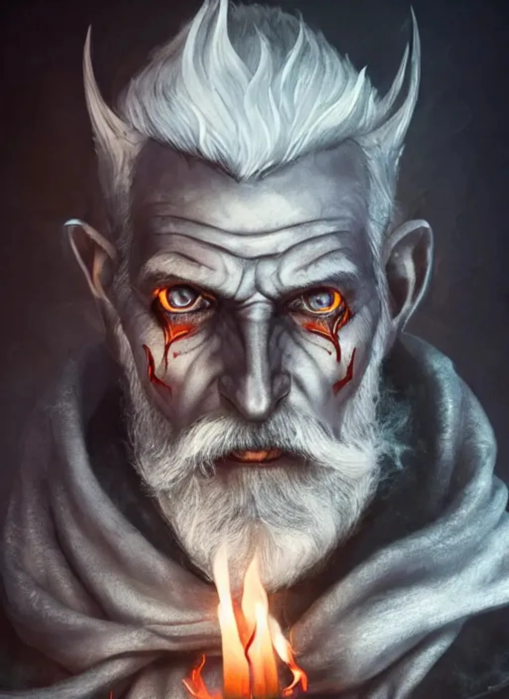 Prompt: Portrait of Old tiefling Olgierd von Everec with bat wings on his back, grey hair and piercing, a flame in one hand, a simicar in other hand, dark snowy iceberg, perfect composition, hyperrealistic, super detailed, 8k, high quality, trending art, trending on artstation, sharp focus, studio photo, intricate details, highly detailed, by greg rutkowski