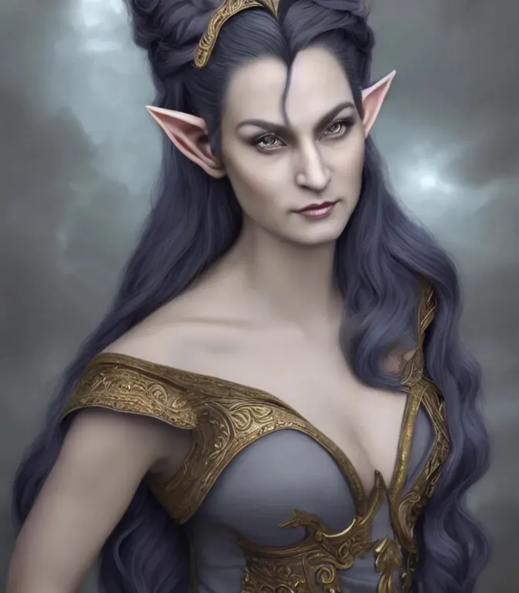 Prompt: Photorealistic image of a beautiful and proud middle-aged High Elf goddess dressed a proper gray gown with black hair in an ornate jeweled bun. Salt and pepper hair. Twilight is in the background. Fantasy artwork, realistic shaded, fine details, Artgerm, ultrarealistic HDR, highly detailed. Fine facial features. Ultra realistic face. bright eyes. D&D. smooth. sharp focus. Intricate. Magical, Fantasy, concept art. Full Body. max facial detail. Otherworldly. dreamlike