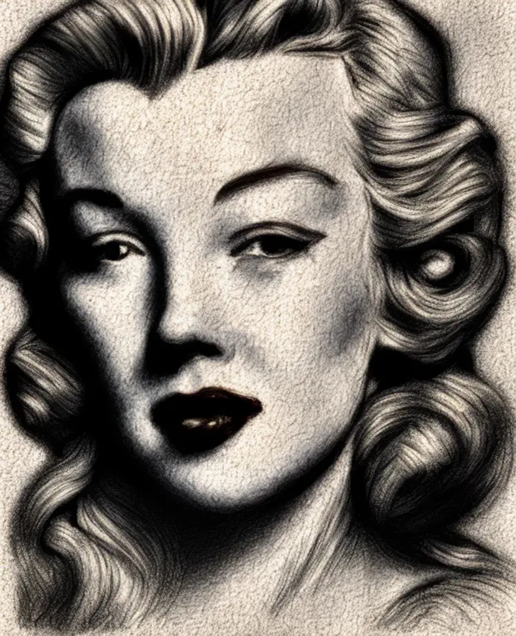 Prompt: Charcoal Sketch by Leonardo DaVinci Portrait of young Marilyn Monroe, Portrait, Masterpiece, Single Face, Background City, art gem, 8K, RGB