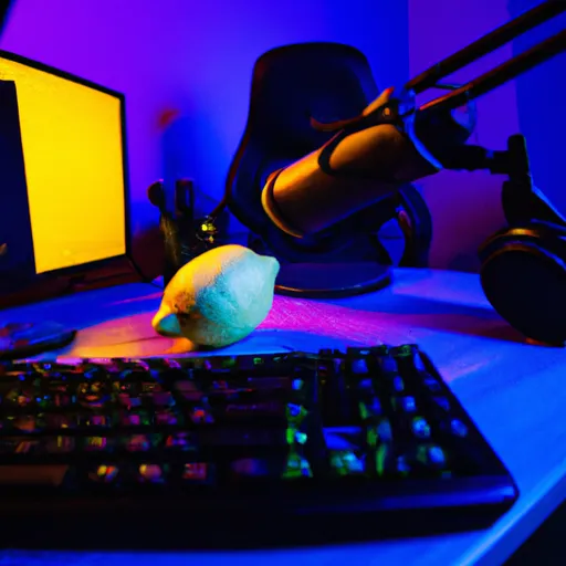 Prompt: a photograph of a lemon as a famous youtube streamer, gorgeous setup, beautiful yellow mood lights, gaming chair, monitors, rainbow keyboard, rainbow mouse, webcam, studio microphone, twitch, discord, youtube, money