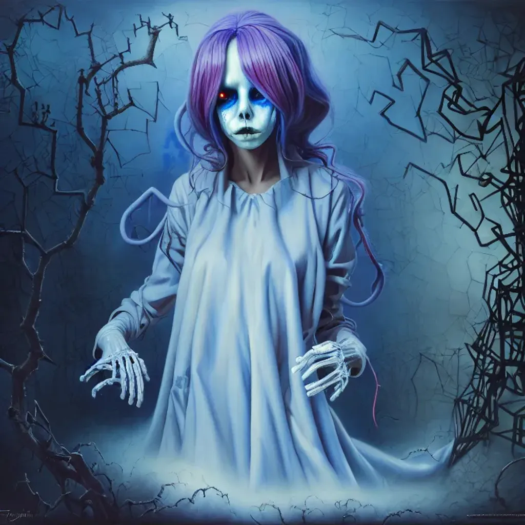 Prompt: An expressive surrealism oil painting of a ghost in a cosplay costume lost in a maze. 
spooky, foggy atmosphere. Scary. Haunted. Bokeh. Concept art. Highly detailed, expressive surrealistic oilpainting, colorful, digital art, digital airbrush, 8K.  Clear Detailed sharp Cartoon anime manga cover by Anna Dittmann, tim Burton, Gil Elvgren, Tom Bagshaw, Elsa Beskow, Hayao Miyazaki.