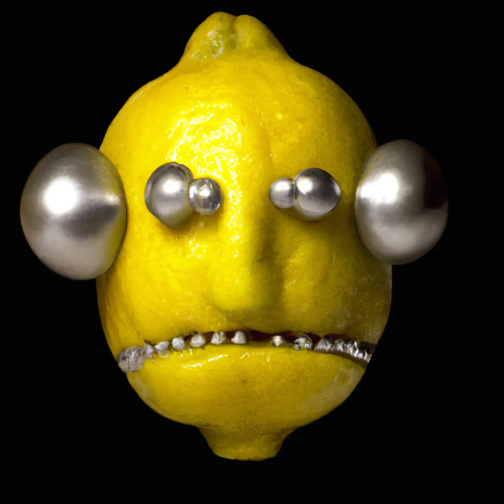 Prompt: Frankenstein's Lemon Monster as 3-D Lemon small silver bolts coming out either side of head
