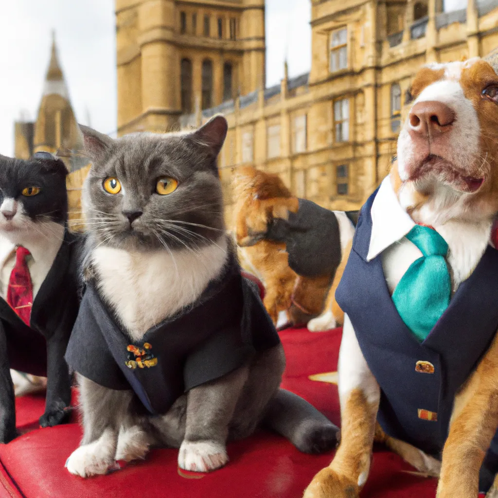 Prompt: cats in suits sitting in english parlament 