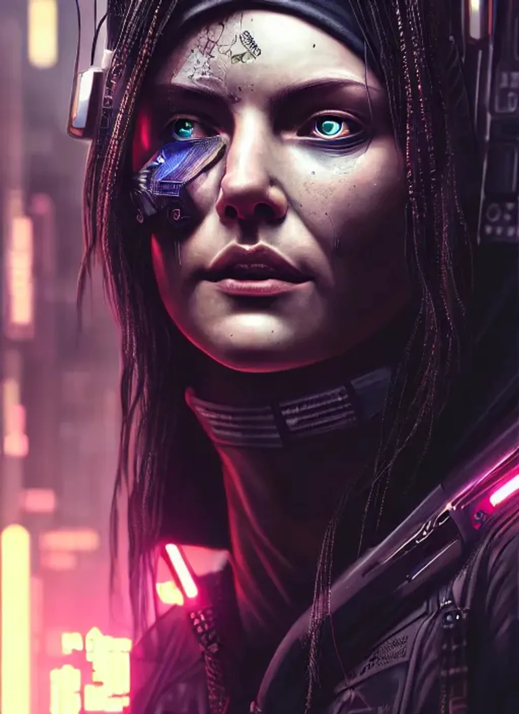 Prompt: Extremely detailed portrait of  cyberpunk random character, extremely detailed  cyberpunk street hyperrealistic background , 8k, high quality, concept art, trending on artstation, sharp focus, studio photo, intricate details, hyper detailed