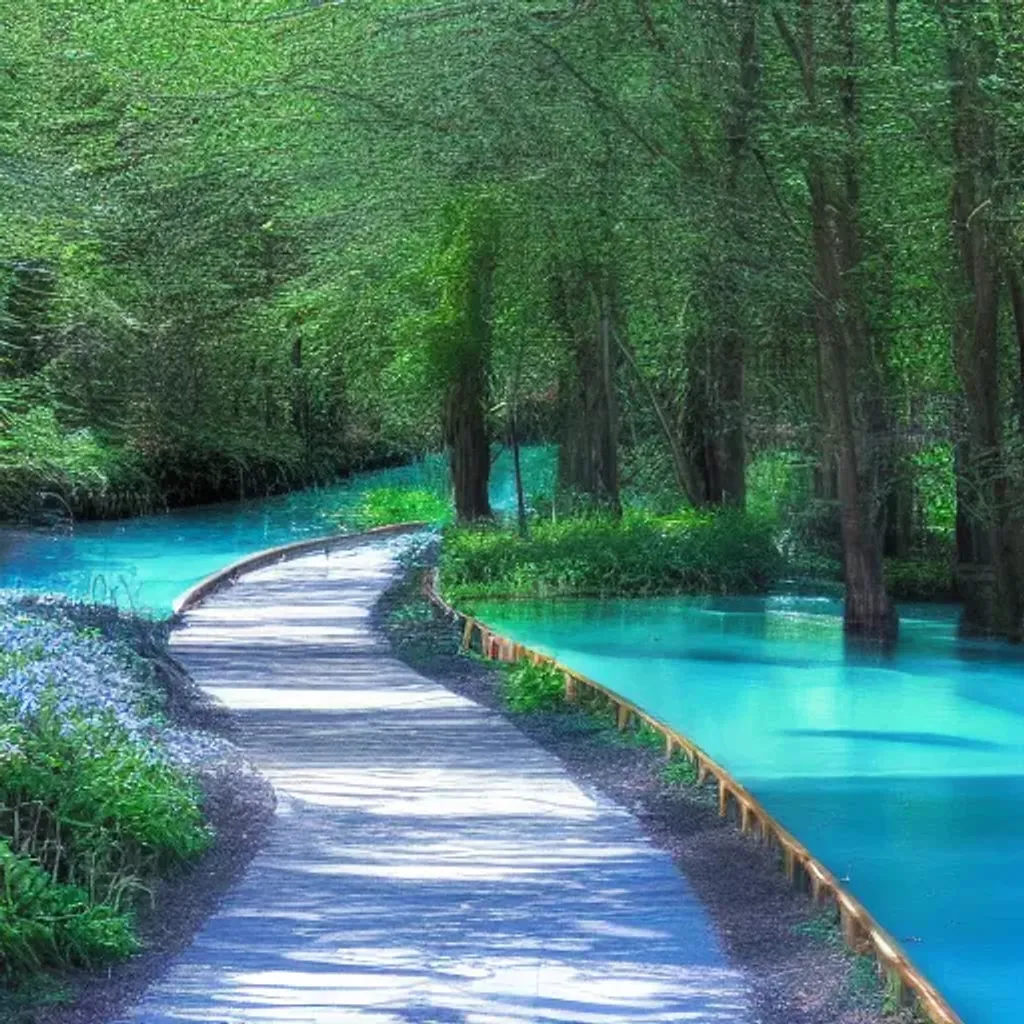 Prompt: spring path in the water park blue water, soft colors