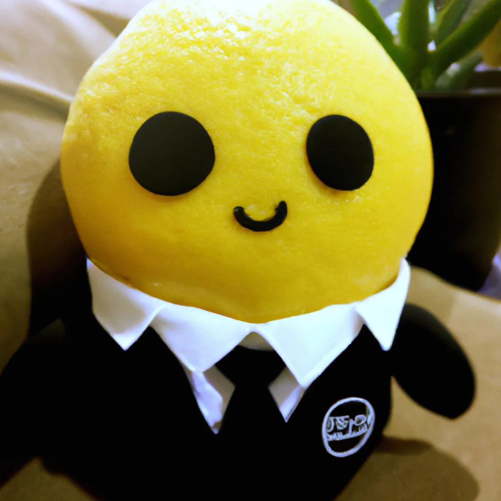 Prompt: cute lemon plushy by sanrio tie and black tuxedo t-shirt, soft lighting,