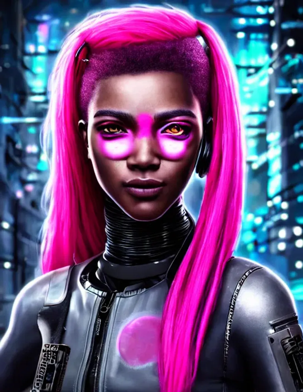 Prompt: Extremely detailed portrait of beautiful cyberpunk young black mercenary girl with pink hair with happy face, extremely detailed background cyberpunk street, hyperrealistic , 8k, high quality, concept art, trending on artstation, sharp focus, studio photo, intricate details, hyper detailed