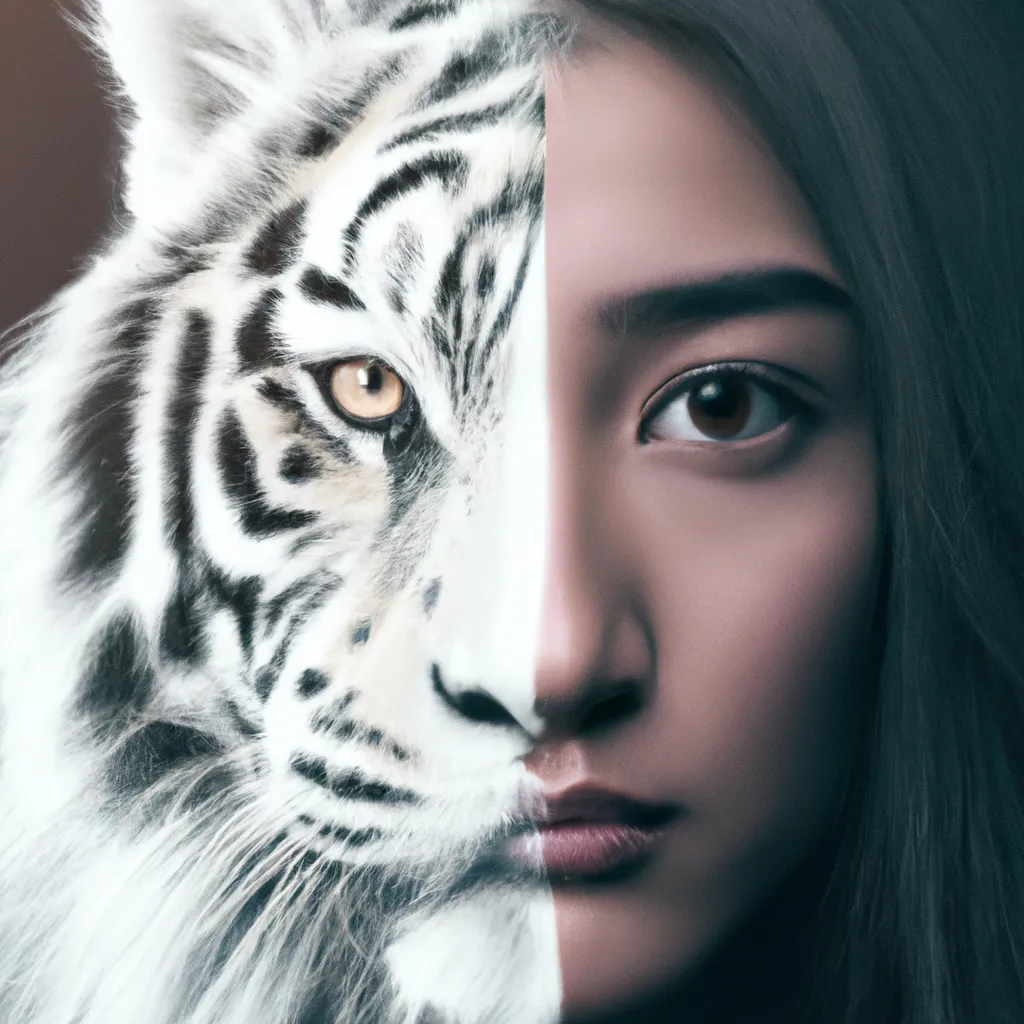 Prompt: A photo of a cute young woman's head combined with a 3D render of a hybrid white tiger head. Epic film poster style.