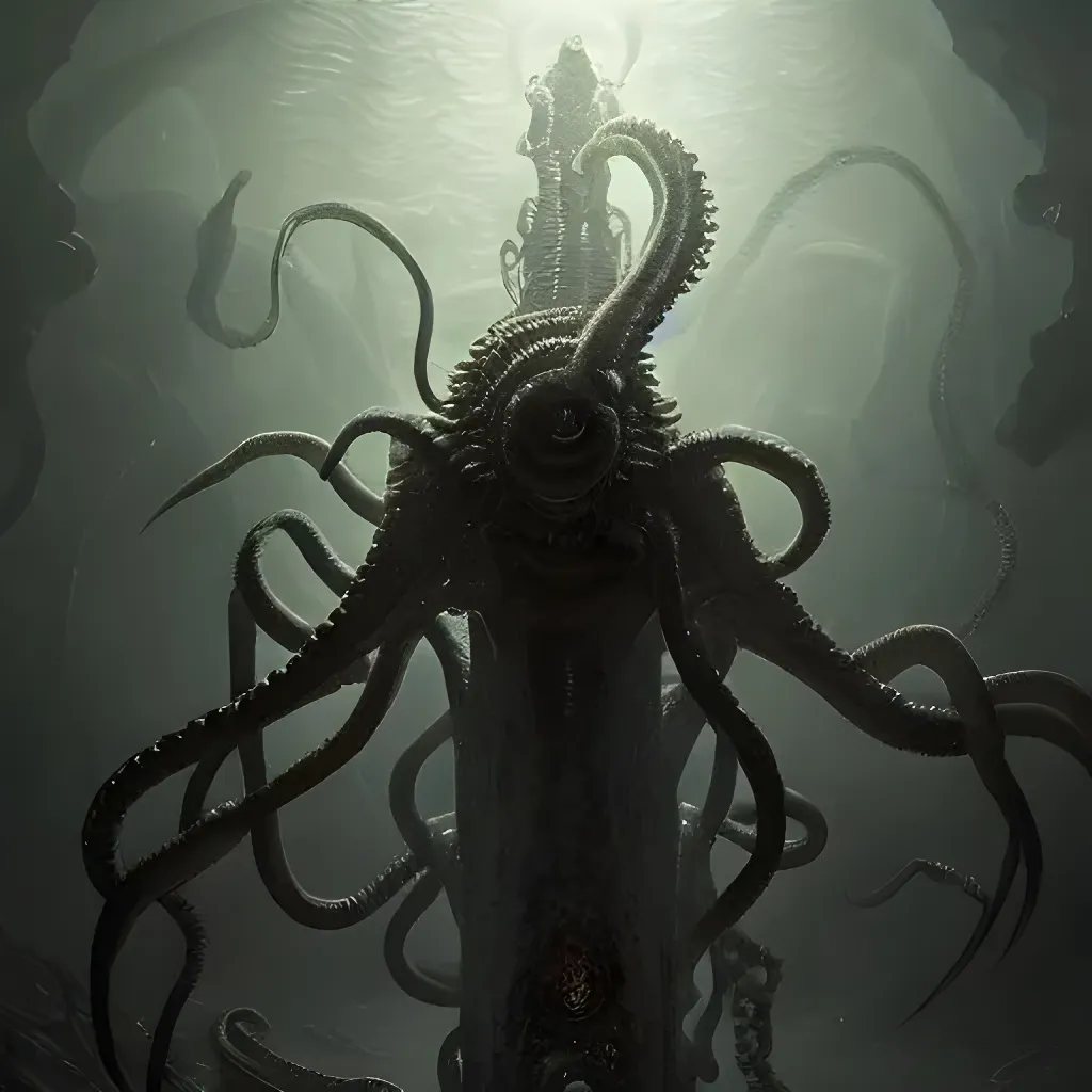 Prompt: dark fantasy, lovecraft horror, squid human hybrid, glowing eyes, giant, 4k, sharp focus, studio photo, intricate details, highly detailed, by greg rutkowski