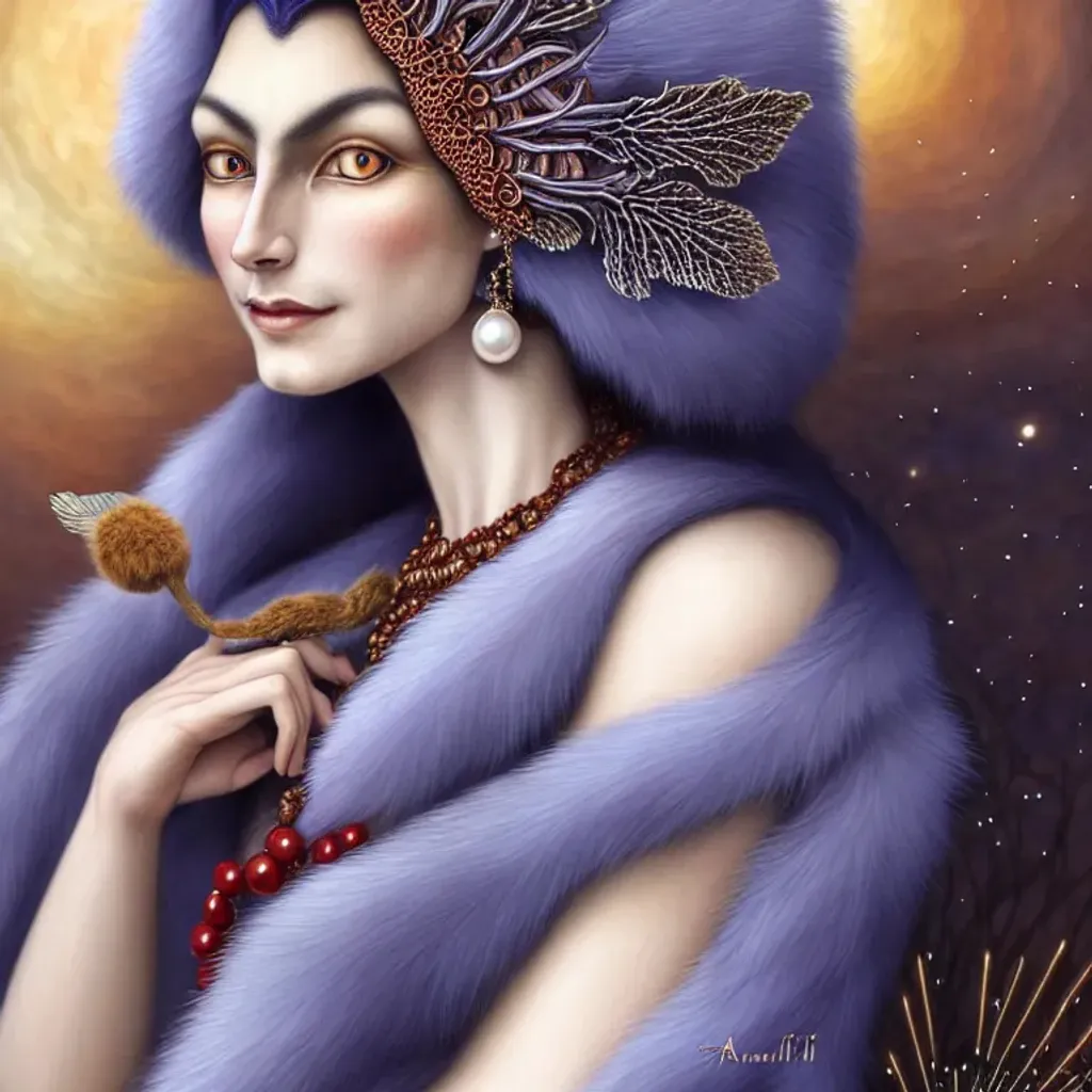 Prompt: humanoid lady fursona, Felinoid, by Amanda Sage, marie spartali stillman, attractive, elegant, confident, optimistic, smiling, indigo pine red fulvous silver photorealistic beautiful eyes, heavenly look, pearls and Ruby jewelry, highly detailed long silken fur, Winter, background theme fireworks, fractal snowflakes by Ernst Haeckel, Android Jones, ryan hewett, furaffinity,  ((frontal centered composition)) portrait, ultra realistic, global illumination, occlusion, volumetric lighting, volumetric mist, sharp focus, narrow DoF, 128K UHD Poser, octane  